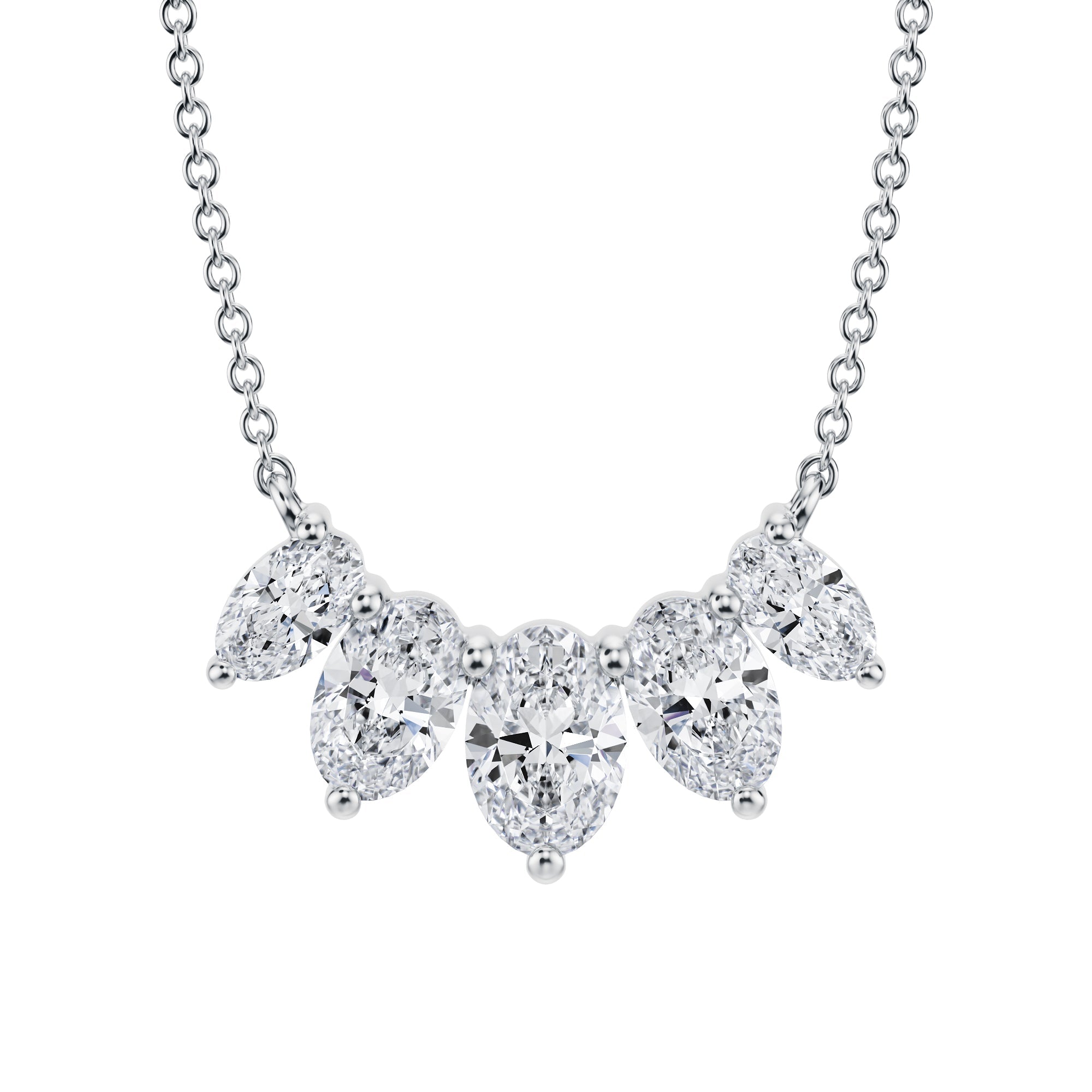 Glamorous 2 TCW graduated necklace 
featuring lab grown oval cut diamonds
in white gold.