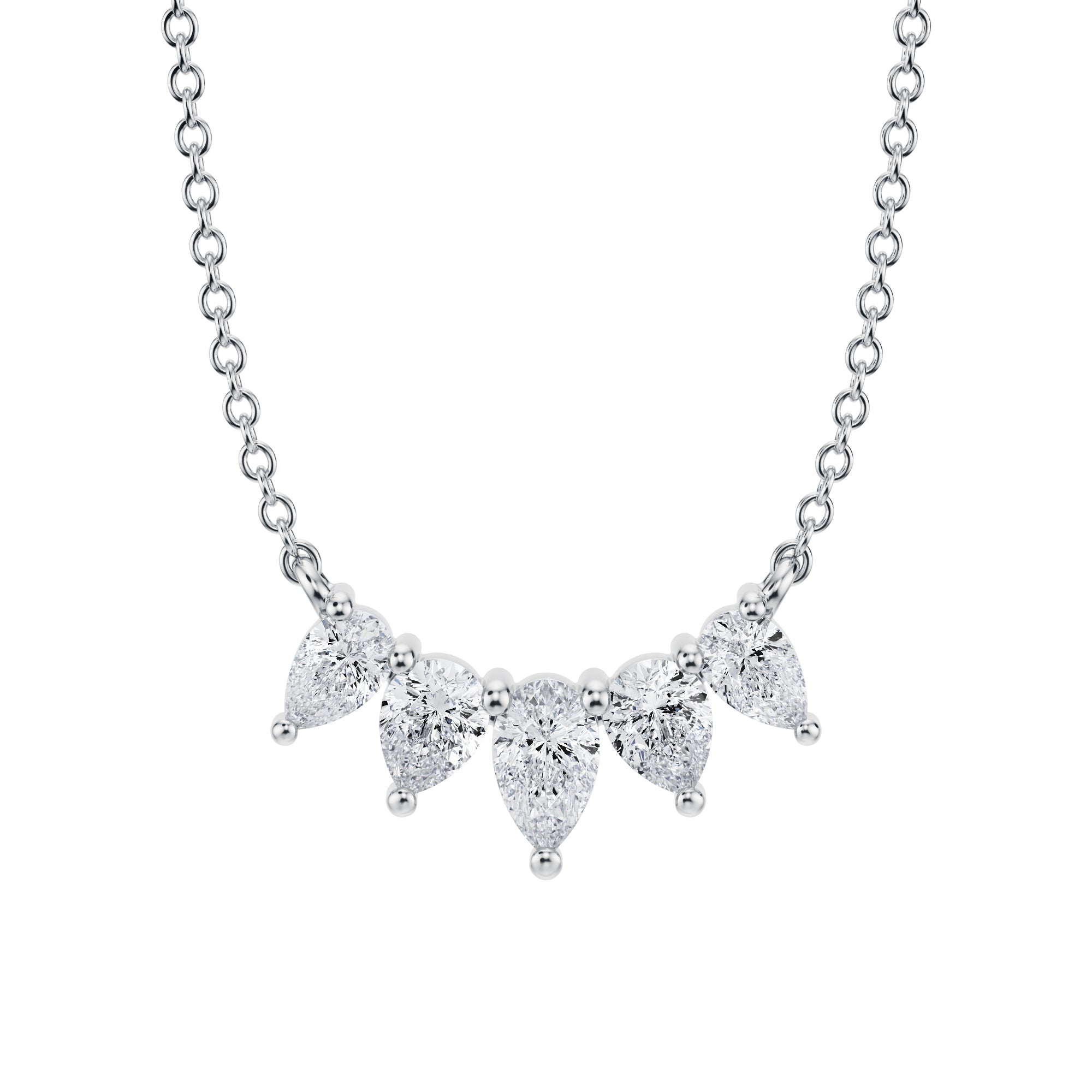 Luxurious 1 TCW graduated lab grown 
pear diamond necklace in white gold.