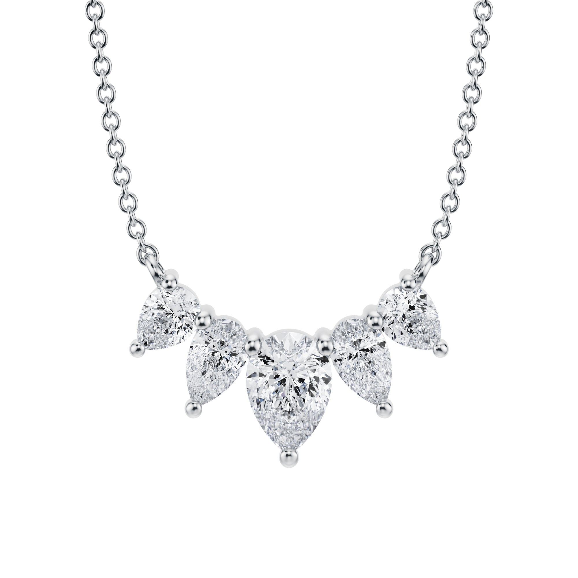 Sophisticated 1.5 TCW pear cut lab grown 
diamond graduated necklace in white gold.