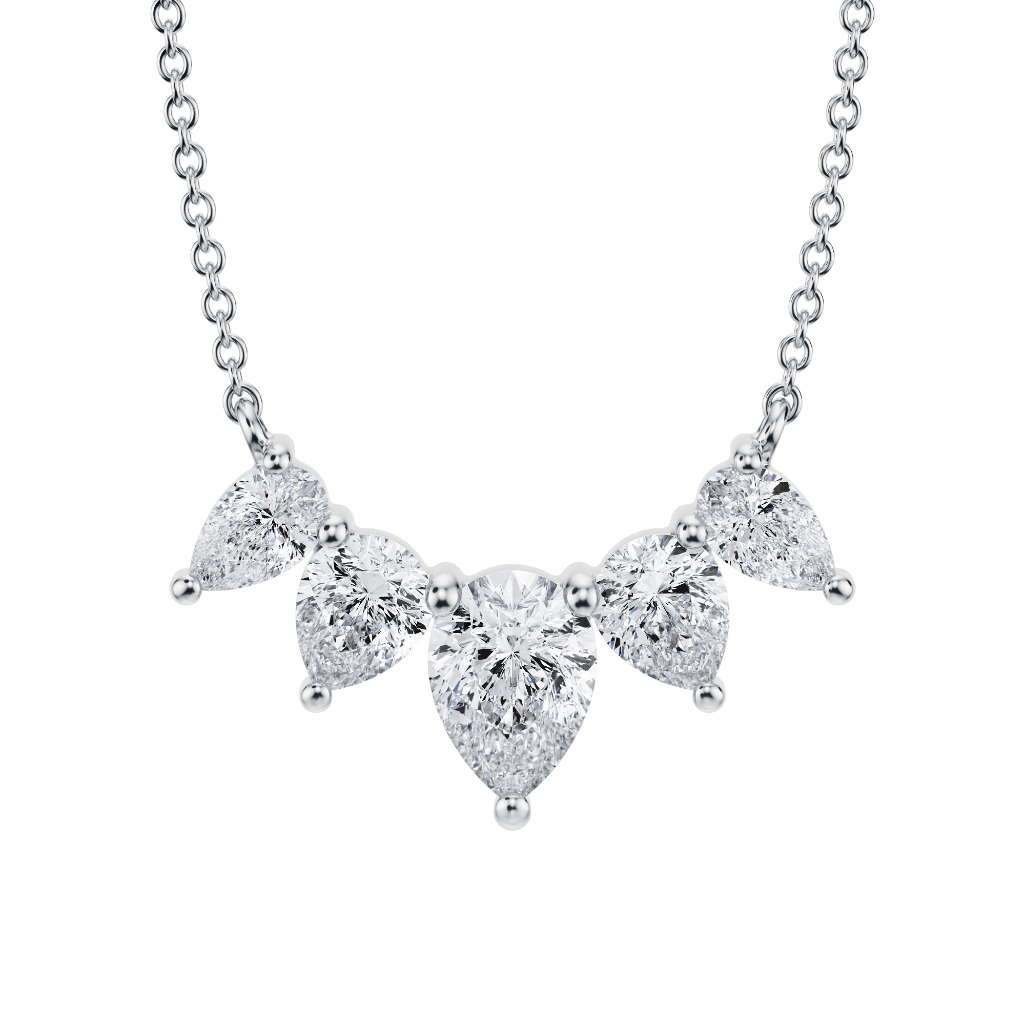 Stunning 2 TCW graduated necklace with 
lab grown 
pear cut diamonds in white gold.