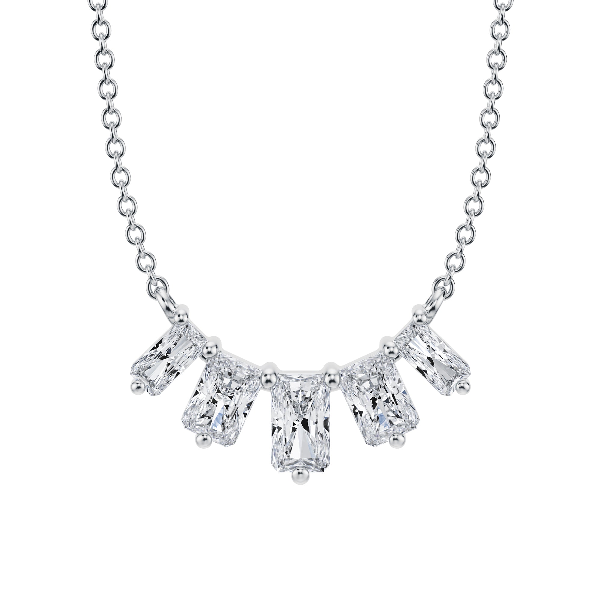 Premium 1 TCW graduated radiant lab grown 
diamond necklace in white gold.