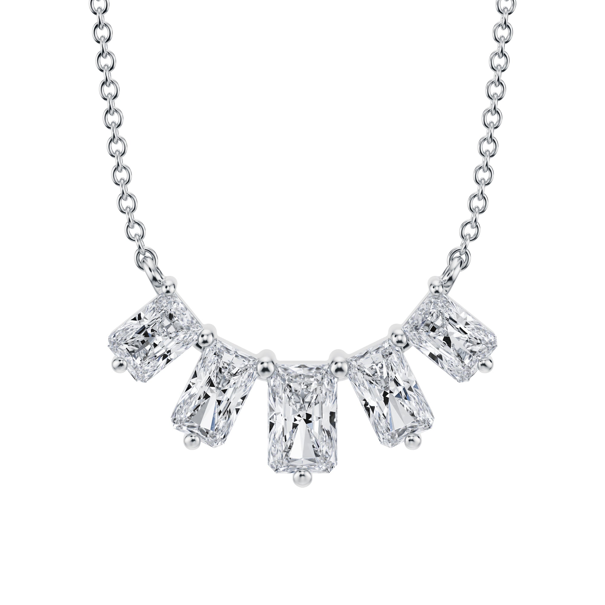 Captivating 1.5 TCW radiant diamond 
graduated necklace, lab grown in white gold.