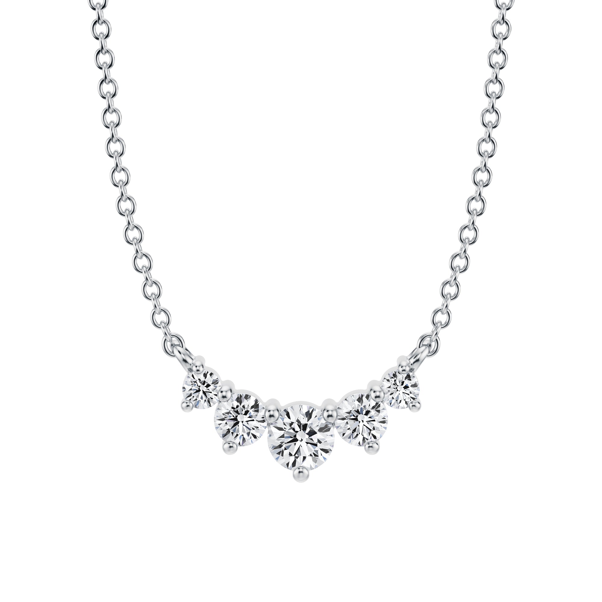 Elegant 1/3 TCW lab grown diamond
necklace with five graduated 
stones in secure prong settings in white Gold.