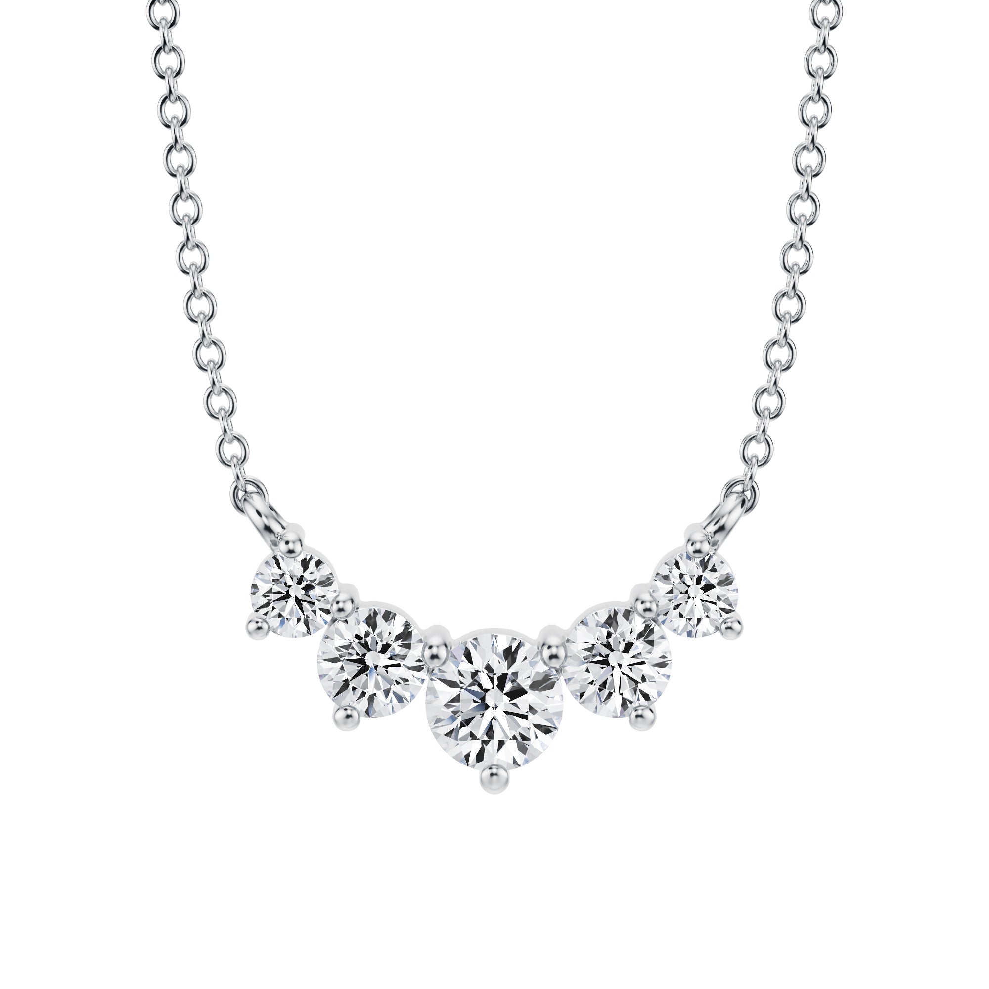 Luxurious 3/4 TCW graduated lab grown diamond 
necklace set in white gold.