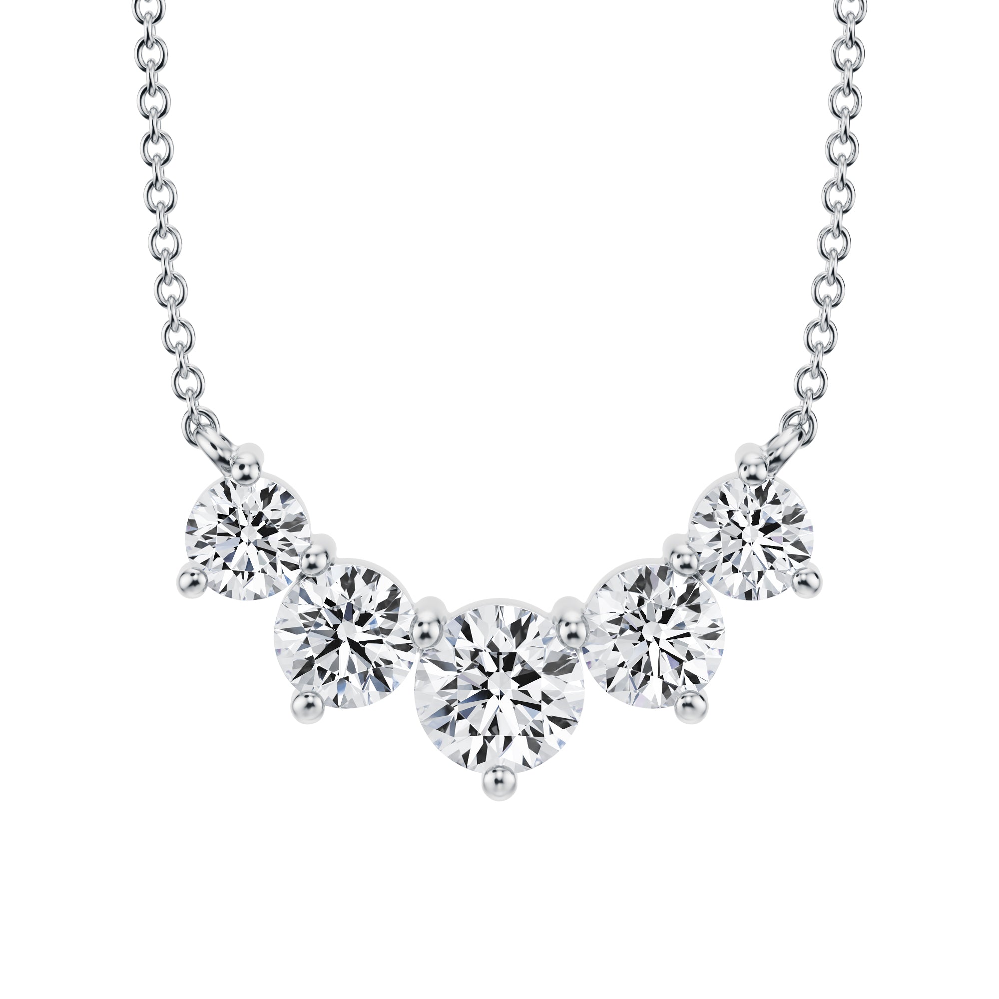 Charming 1.5 TCW graduated lab grown diamond 
necklace crafted in white gold.