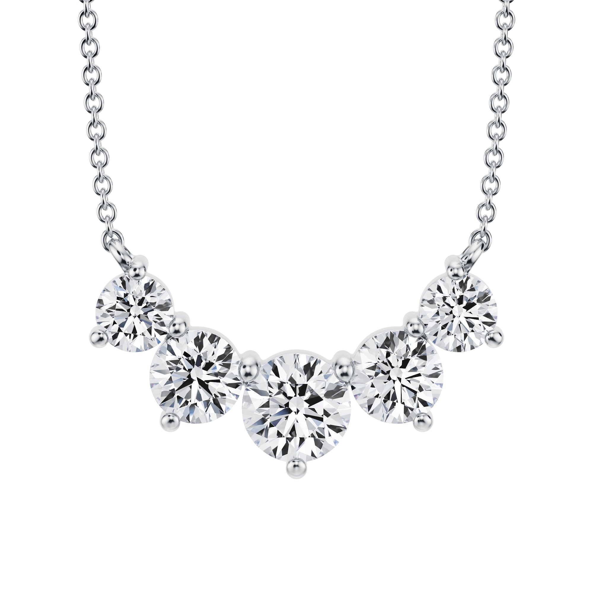 Luxurious 2 TCW lab grown diamond graduated
 necklace crafted in white gold.