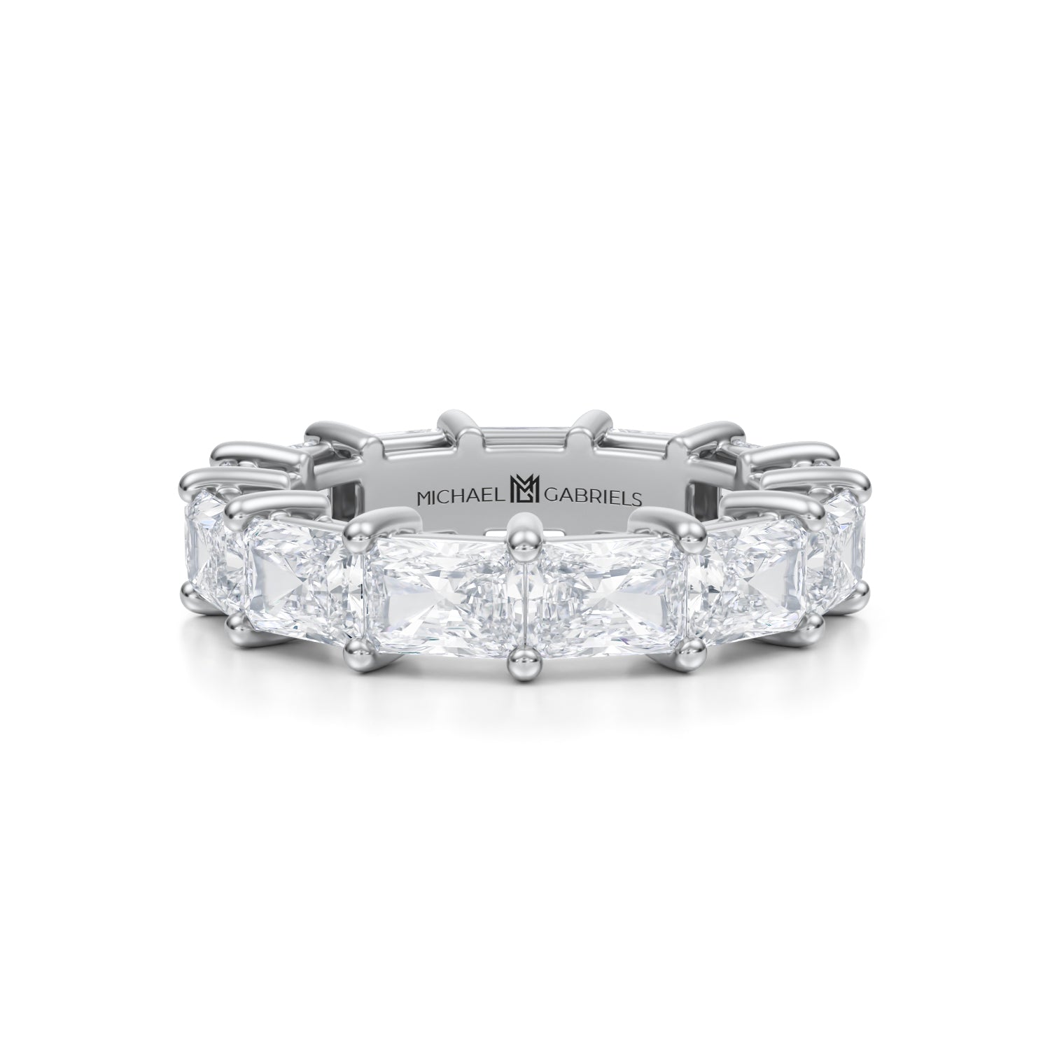 White gold eternity band with radiant lab-grown diamonds.