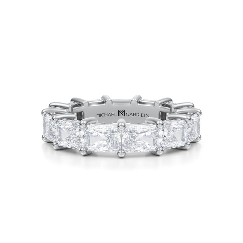 White gold eternity band with radiant lab-grown diamonds.