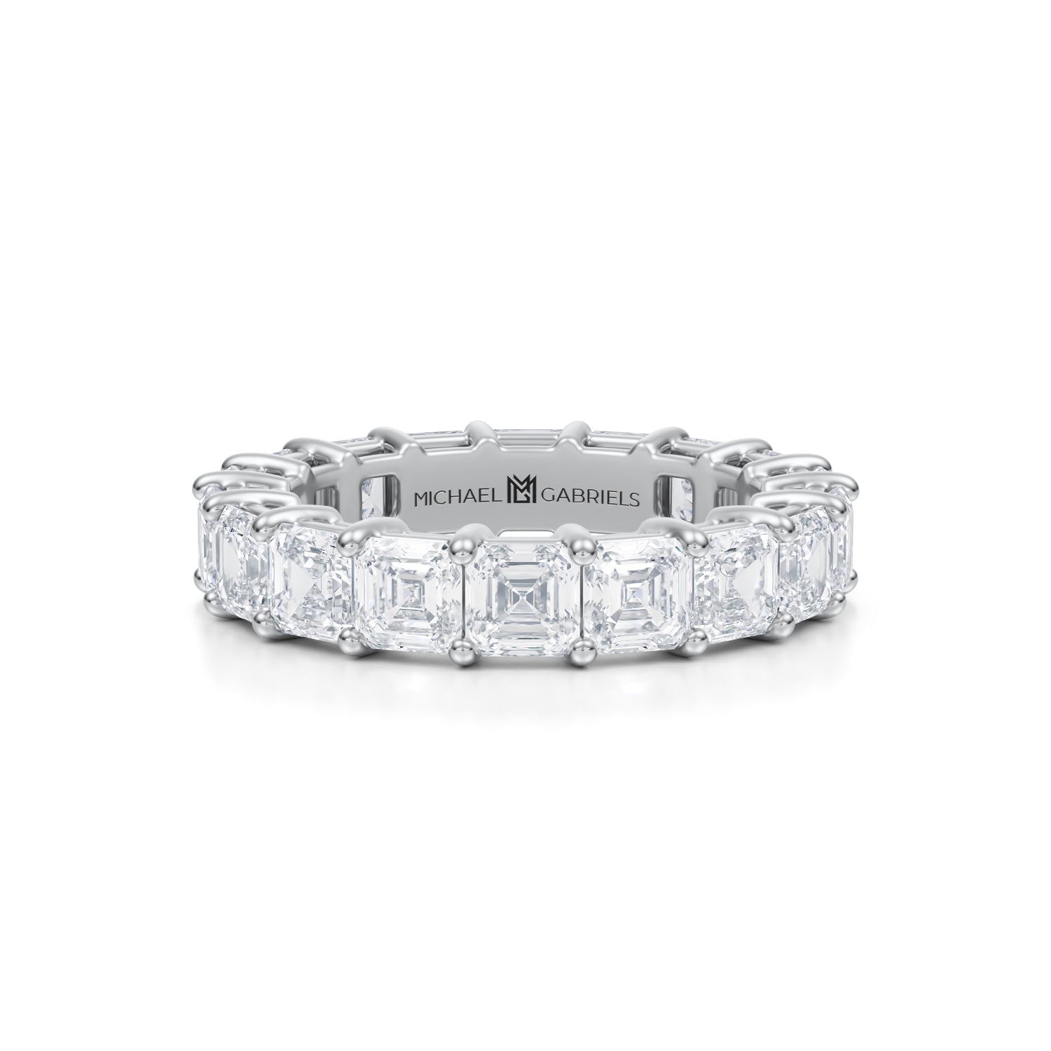 White gold eternity band with Asscher cut lab grown diamonds.