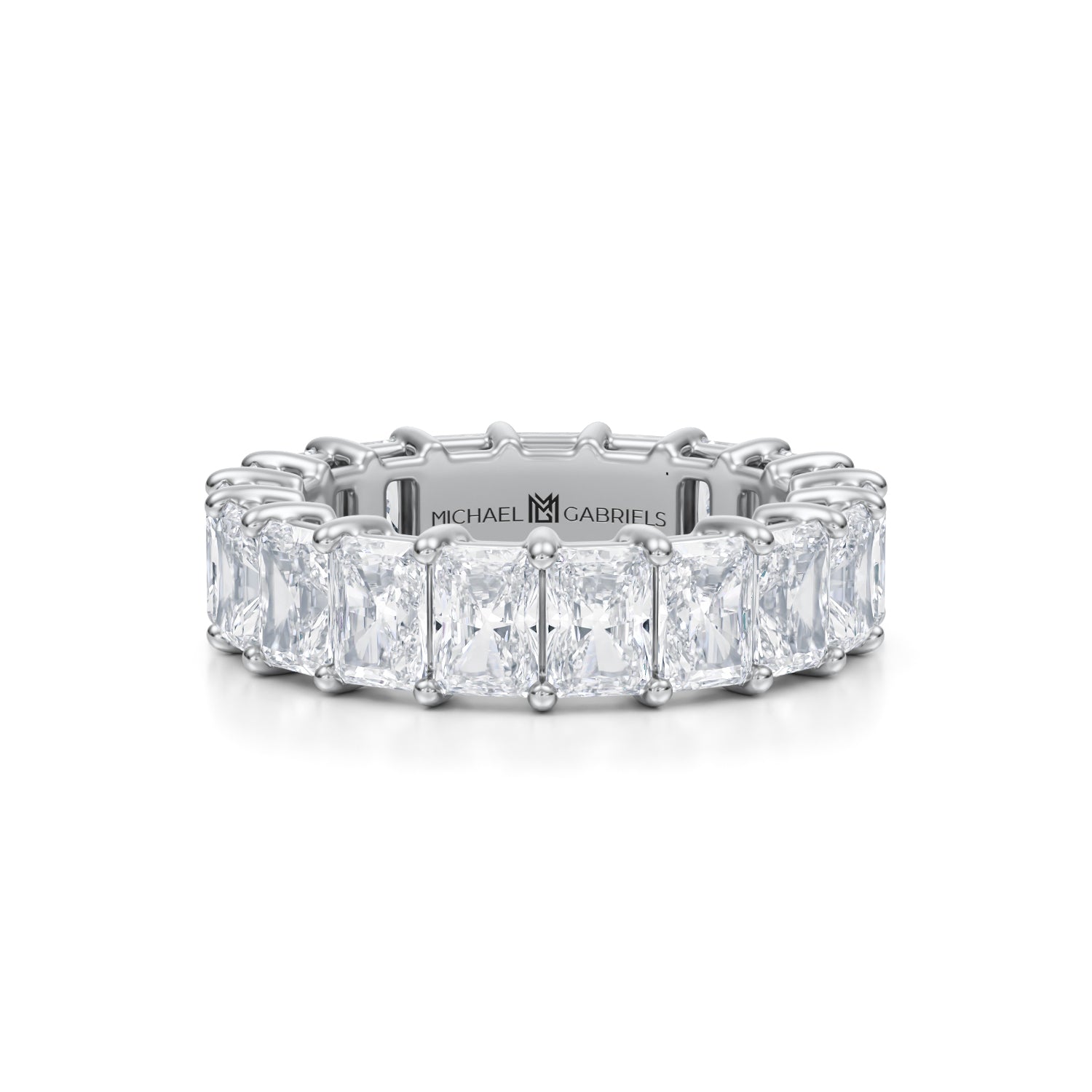 White gold eternity band with radiant lab-grown diamonds.