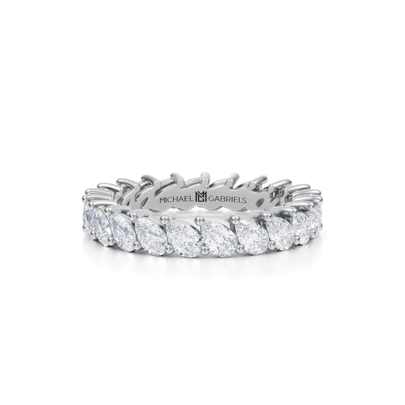 Petite white gold band with slanted pear lab-grown diamonds.