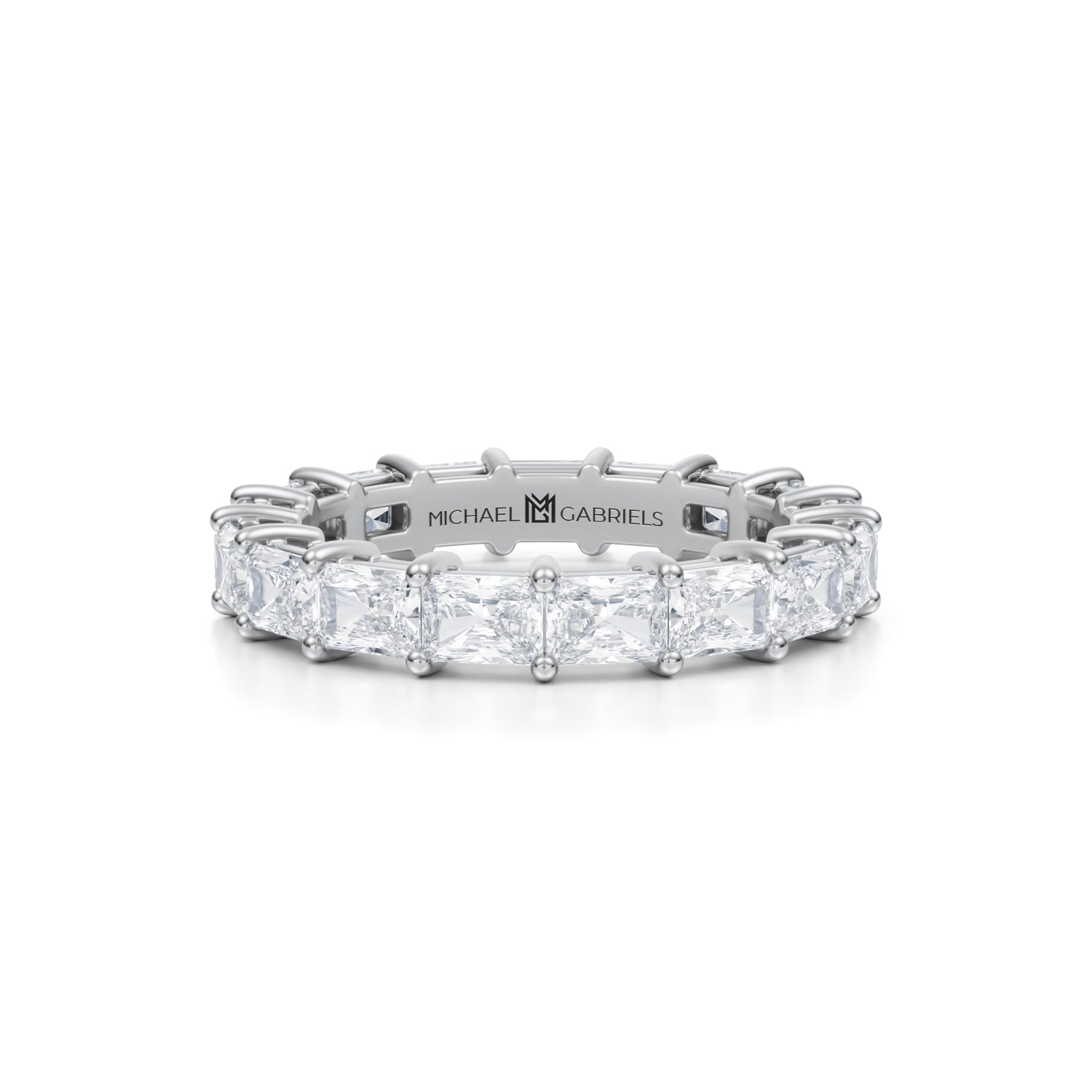 Petite white gold eternity band with radiant lab-grown diamonds.