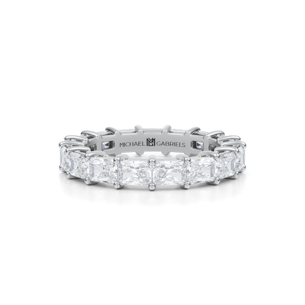 Petite white gold eternity band with radiant lab-grown diamonds.
