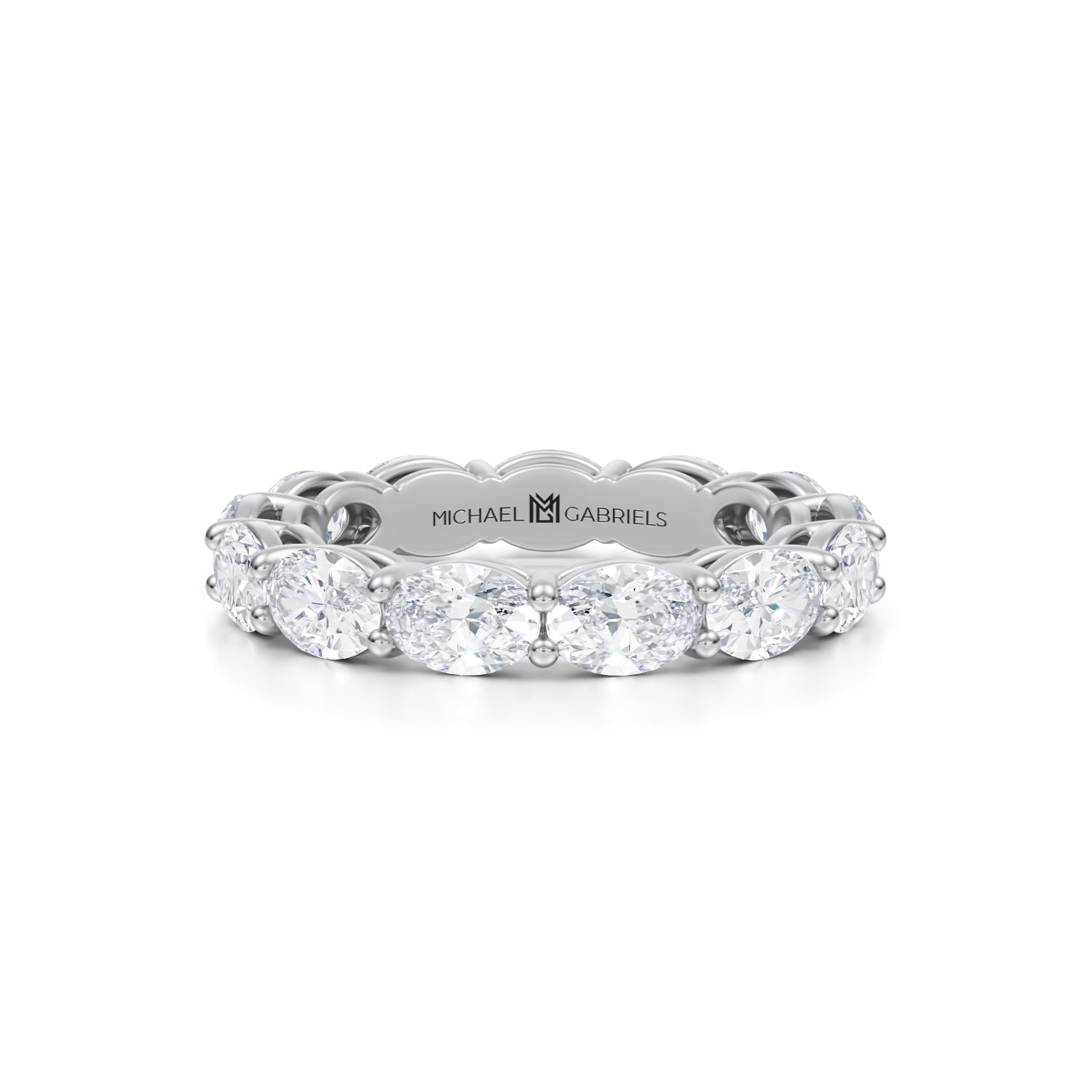 Small lab-grown diamond eternity band in white gold.