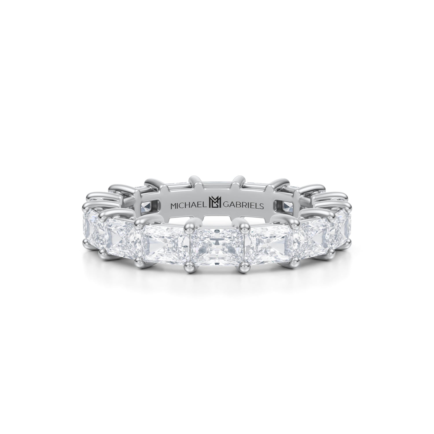 White gold eternity band with radiant lab-grown diamonds.