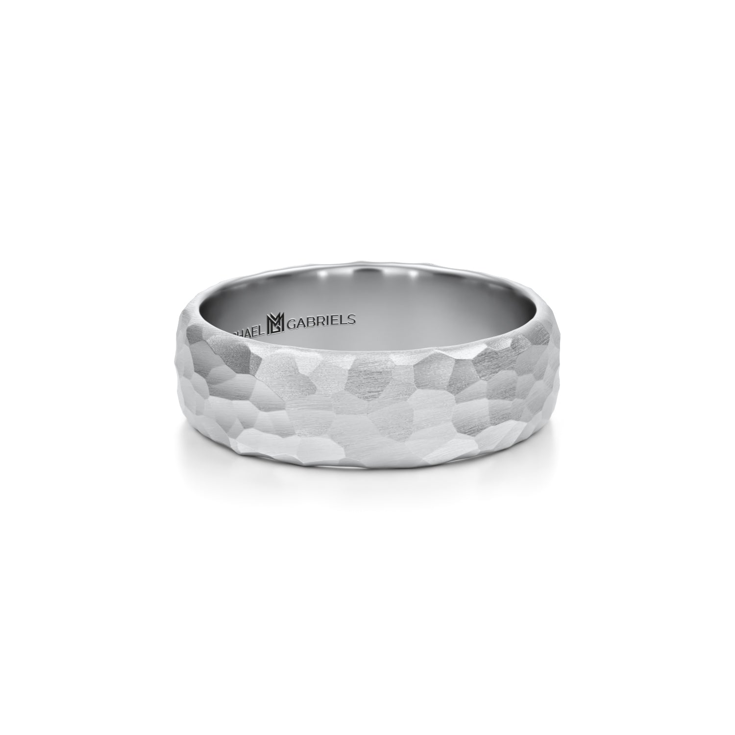 White gold hammered matte wedding band for men, 6mm.