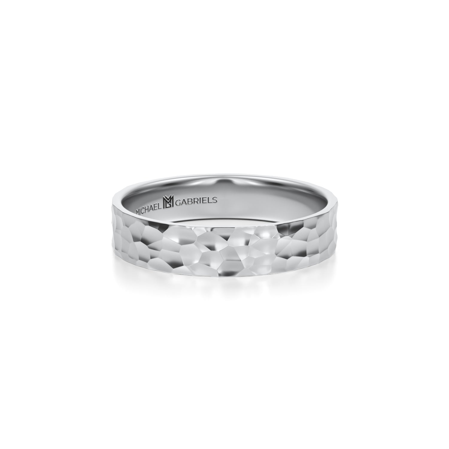 Hammered white gold wedding band for men, 4mm flat design.