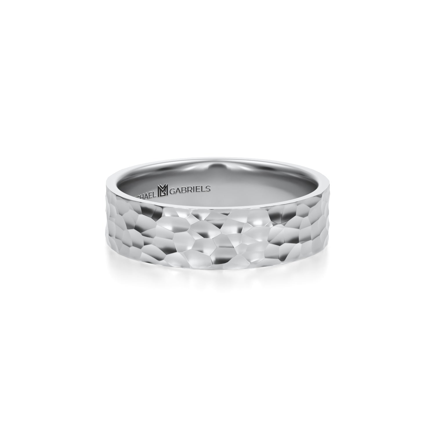 Hammered white gold wedding band for men, 5mm flat and polished.