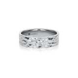 Hammered white gold wedding band for men, 5mm flat and polished.
