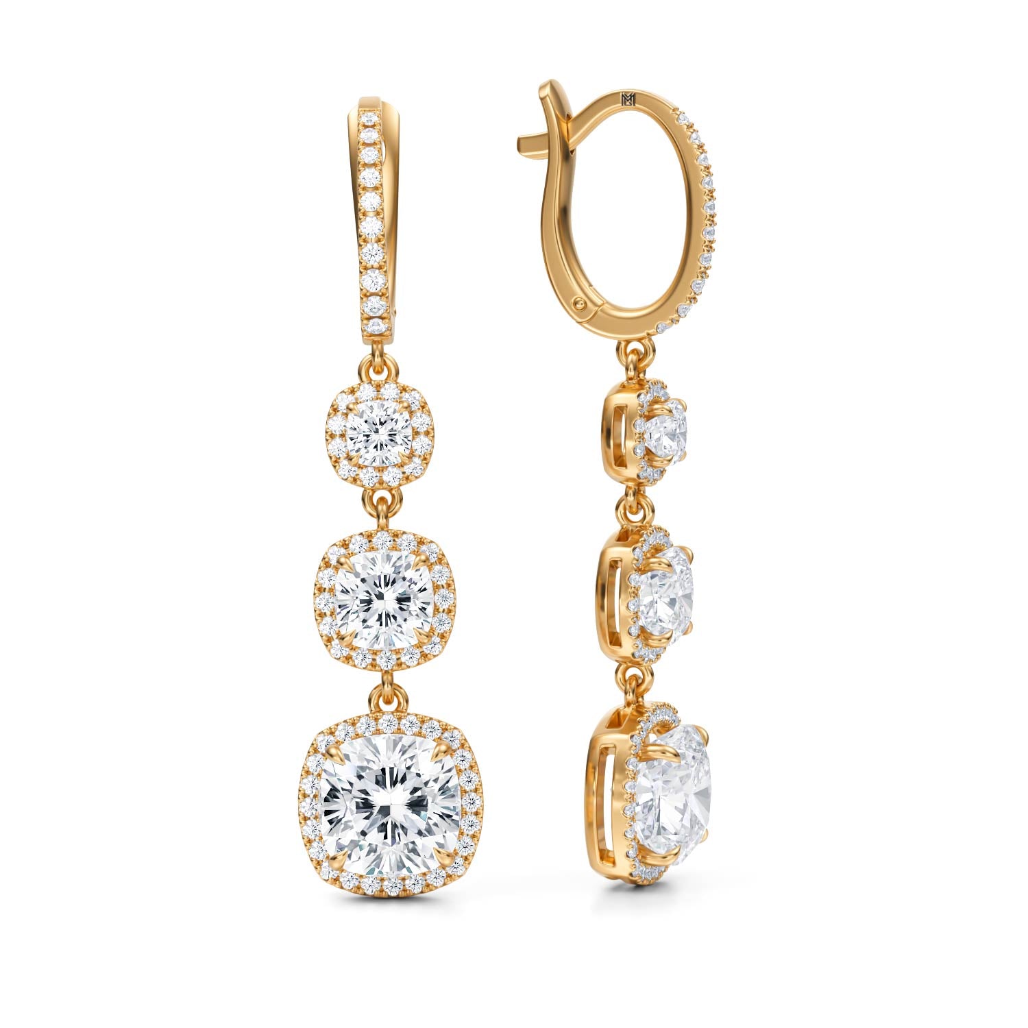 4 Carat Cushion Three Stone Halo Drop Earrings