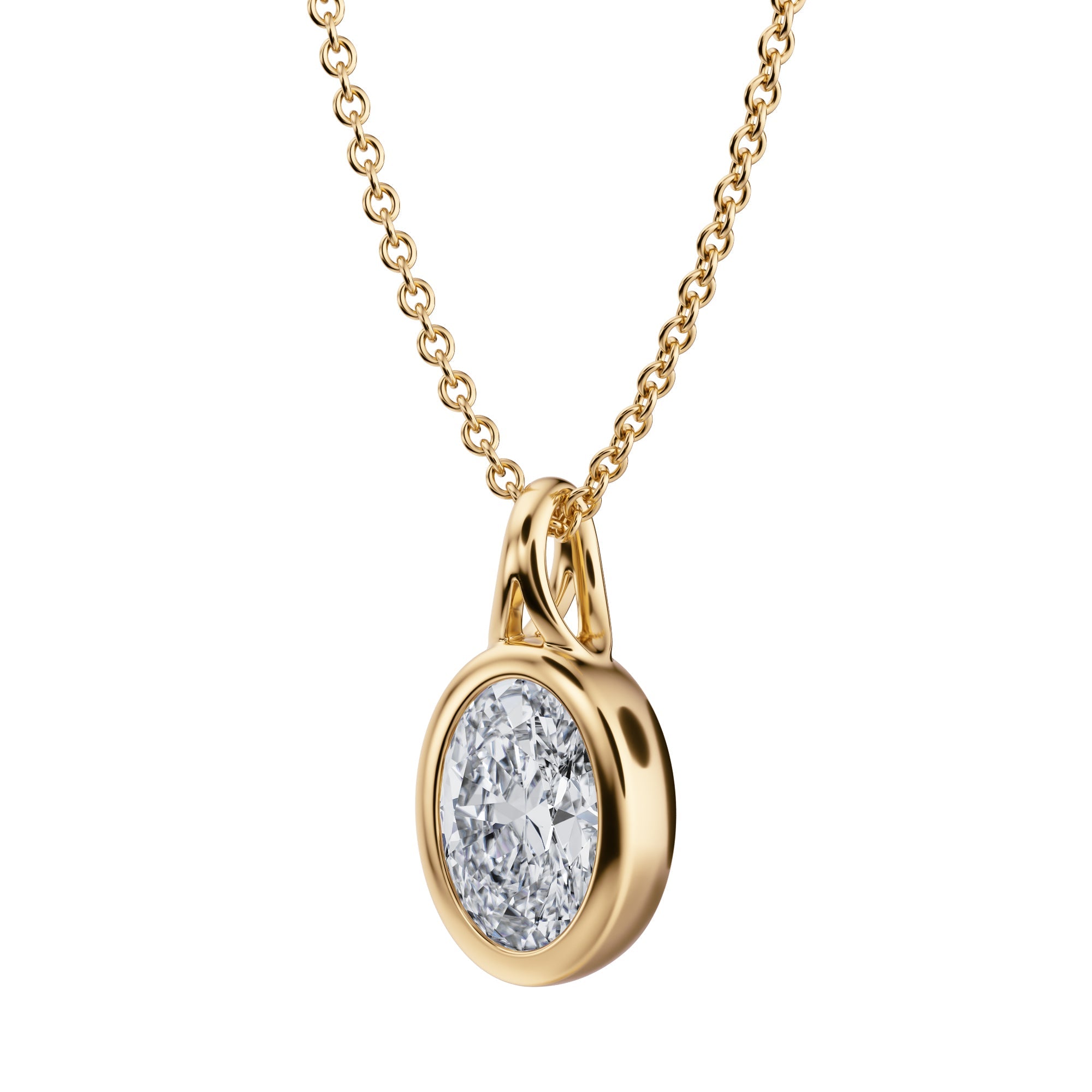 Charming 1 Carat Oval Lab Grown Diamond Necklace in Bezel Style in Yellow Gold