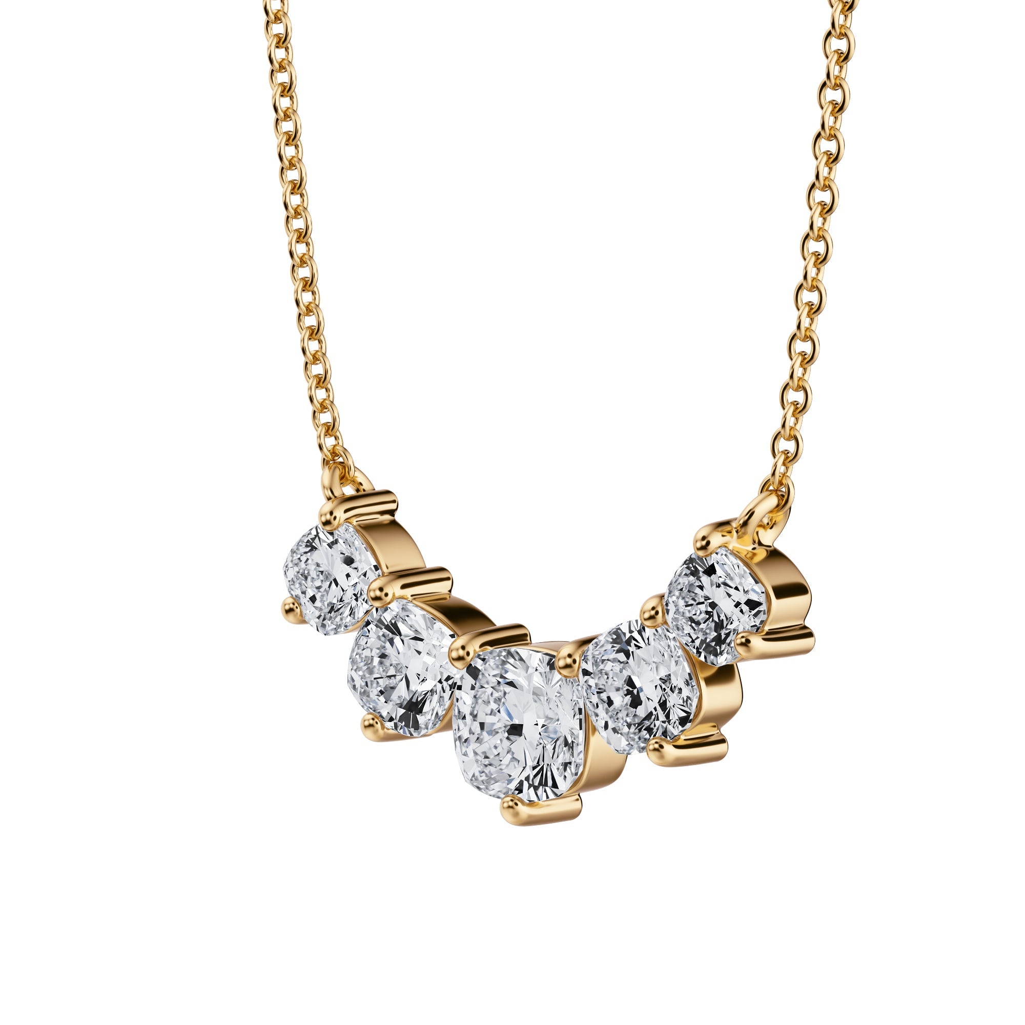 Glamorous 1.5 TCW graduated necklace featuring 
lab grown cushion diamonds in yellow gold.