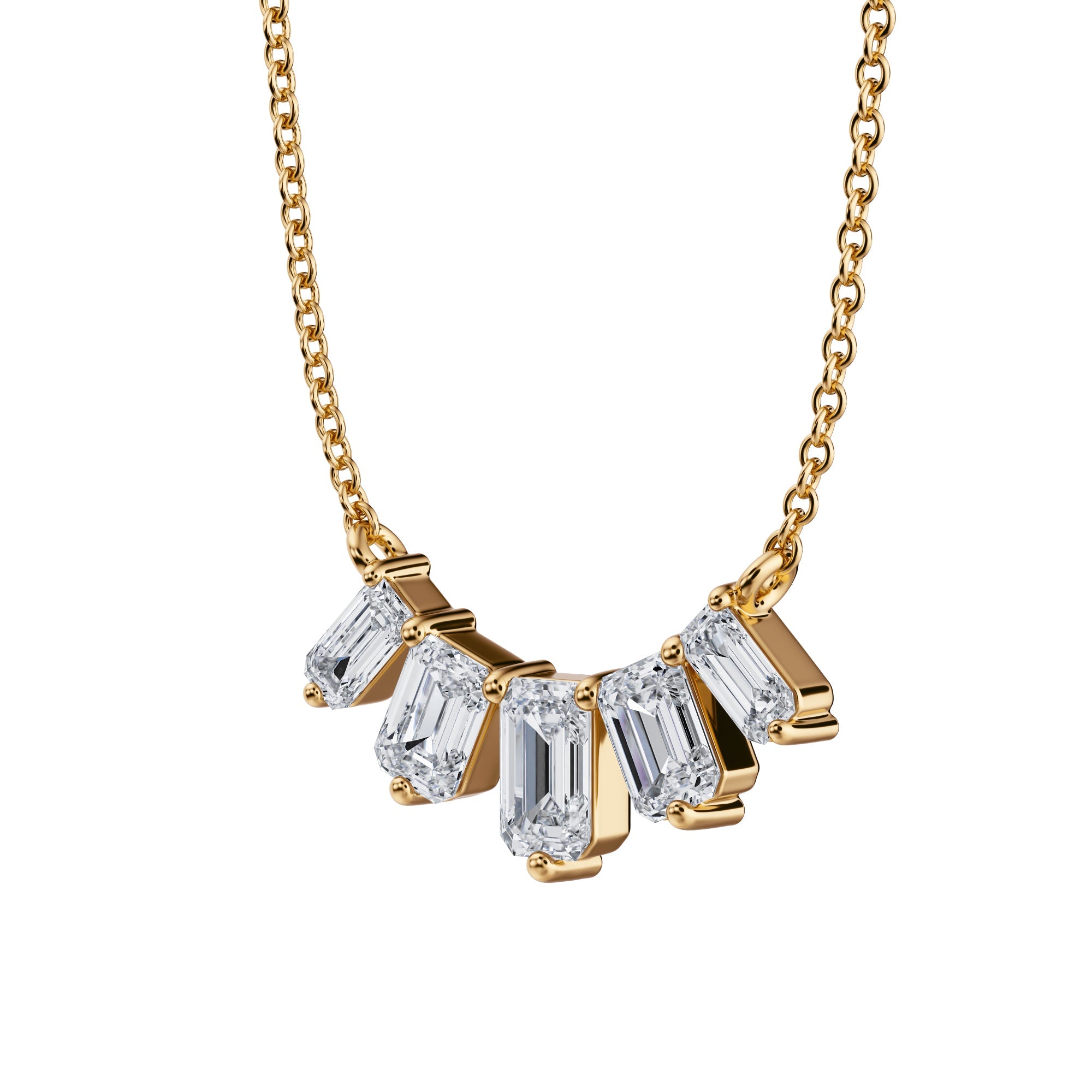 Graceful 1 TCW graduated lab grown 
emerald cut diamond necklace in yellow gold.