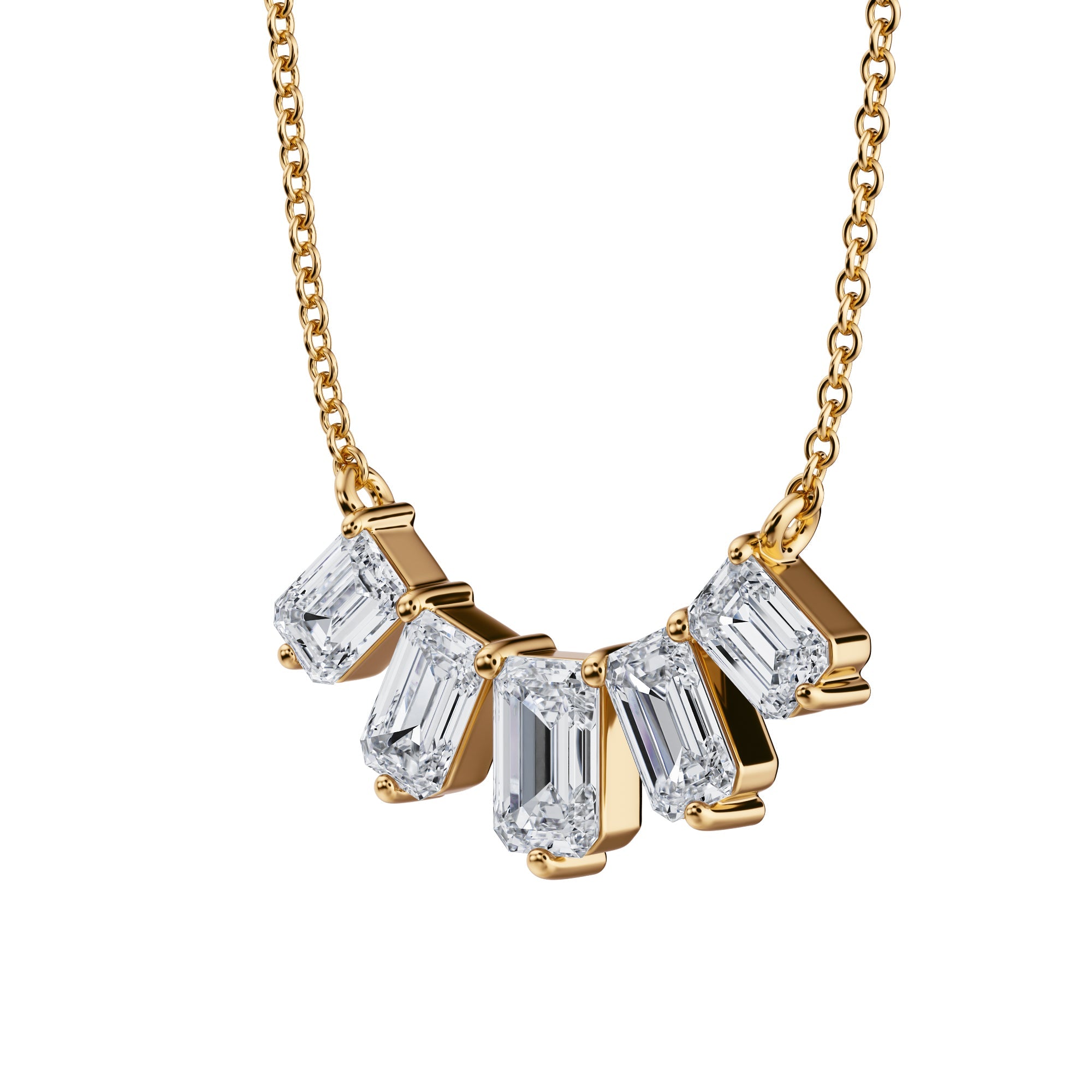 Radiant 1.5 TCW graduated lab grown 
emerald cut diamond necklace in yellow gold.