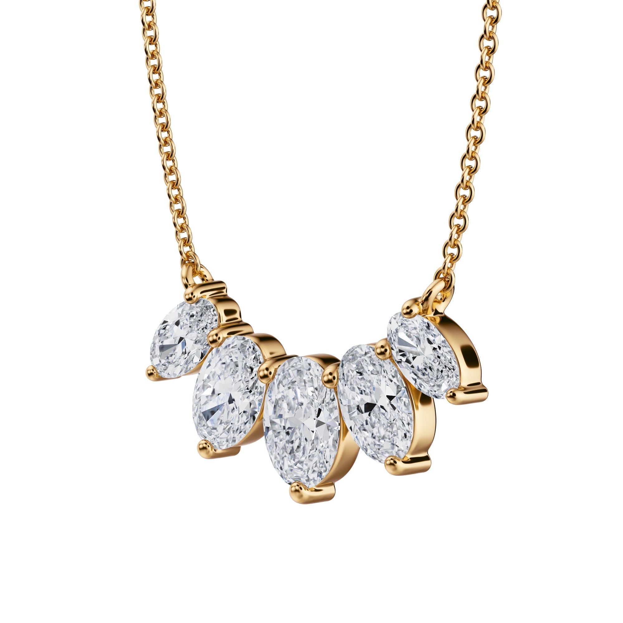 Timeless 2 TCW graduated lab grown oval 
cut diamond necklace in yellow gold.