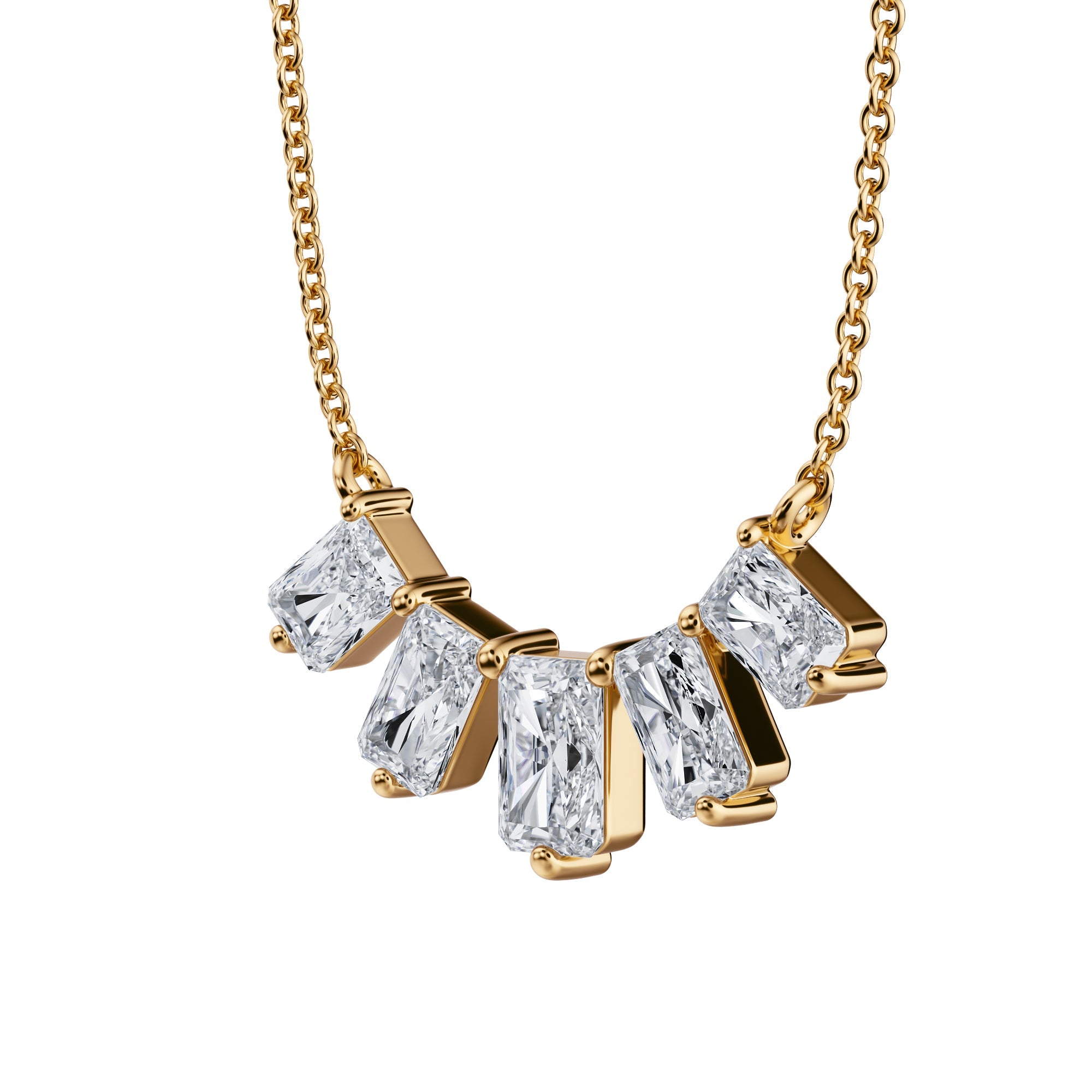 Graceful 1.5 TCW graduated radiant cut lab 
diamond necklace in yellow gold.