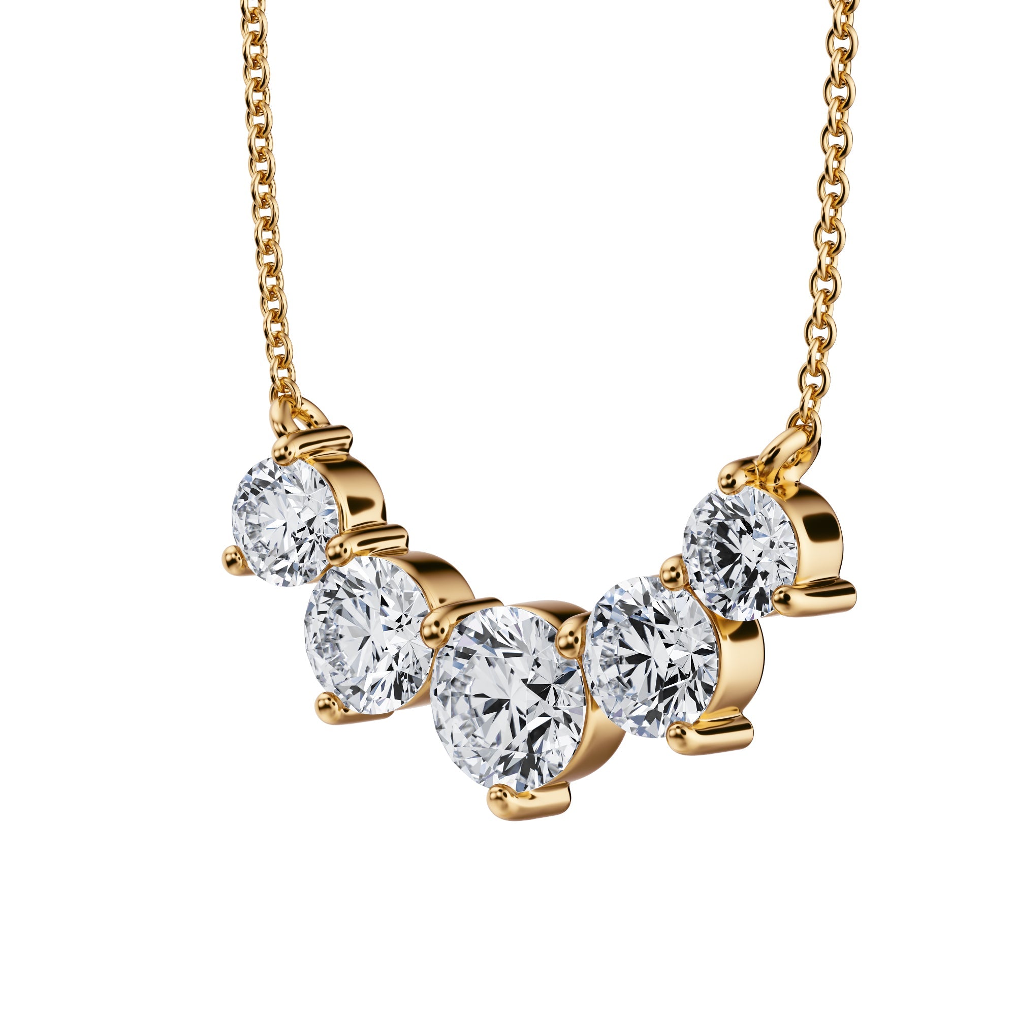 Stylish 2 TCW lab grown diamond necklace 
with graduated design in yellow gold.