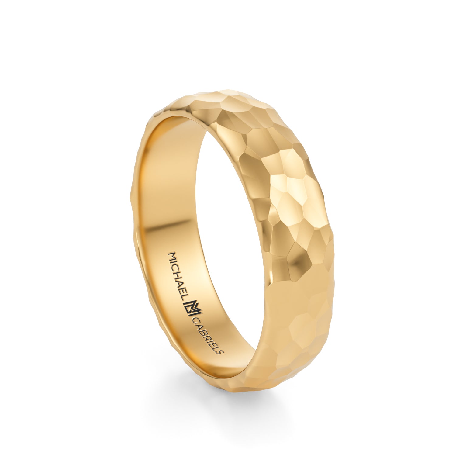 Yellow Gold 5mm Mens Wedding Band - Hammered High Polish