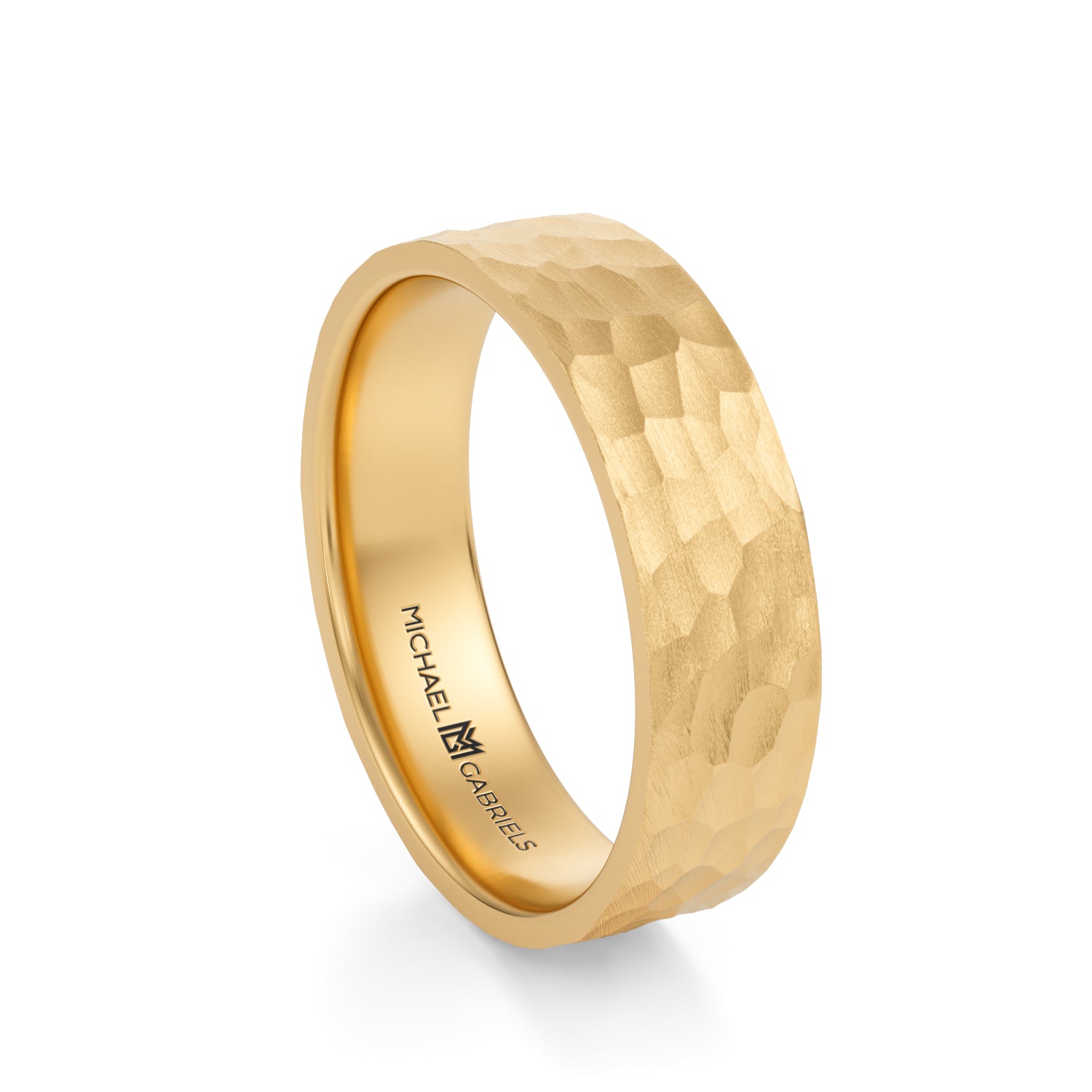 Yellow Gold 5mm Mens Flat Wedding Band - Hammered Matte