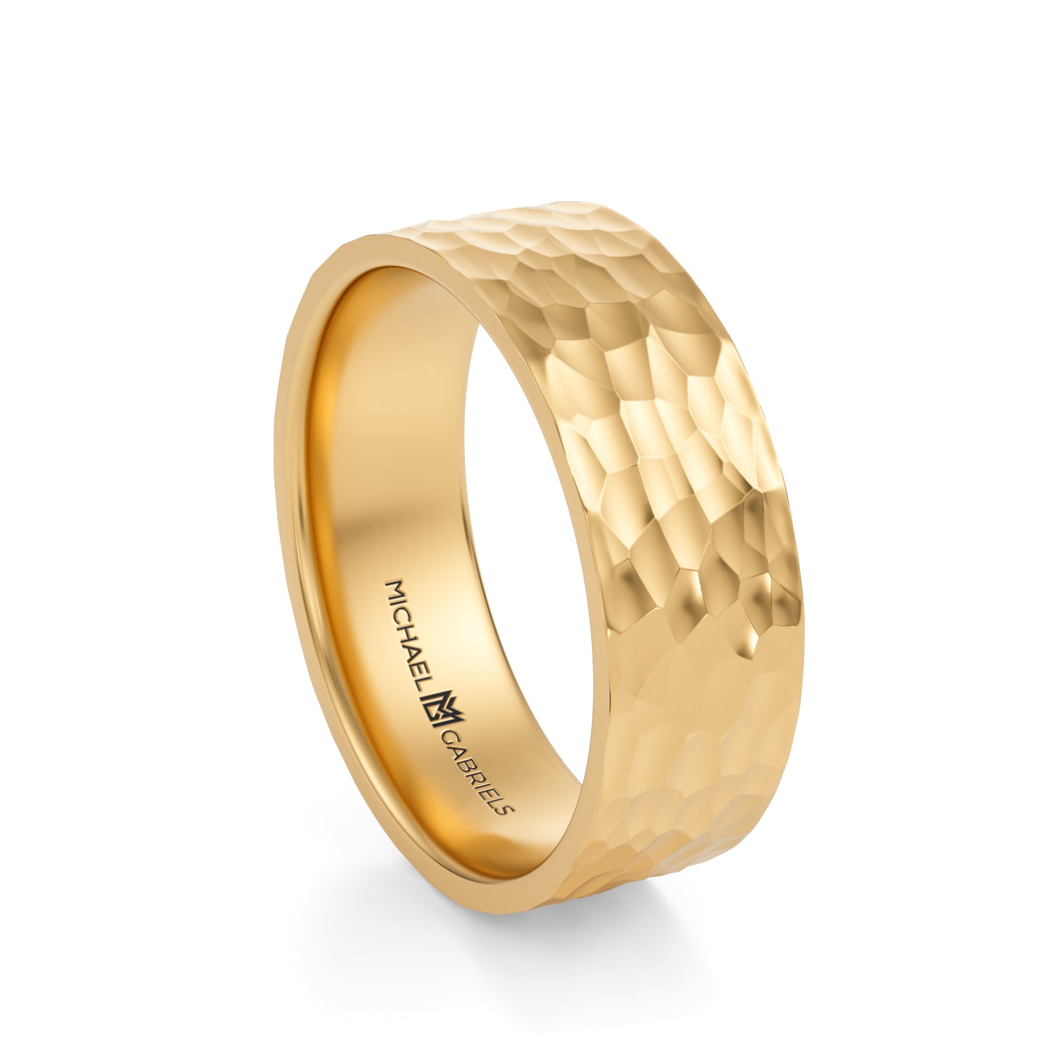 Yellow Gold 6mm Mens Flat Wedding Band - Hammered High Polish