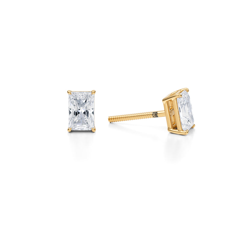 Radiant 1ct lab diamond stud earrings in yellow gold.