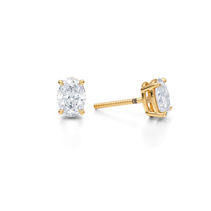 Yellow gold lab diamond stud earrings, 1.5 carat oval.