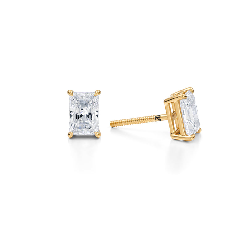 Radiant lab-grown diamond stud earrings, 1.5 carats, in yellow gold.