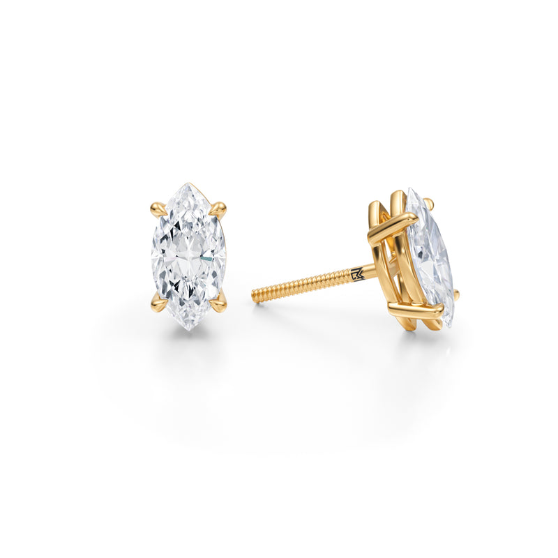 Lab-grown diamond stud earrings, 2 carats, marquise cut, in yellow gold.