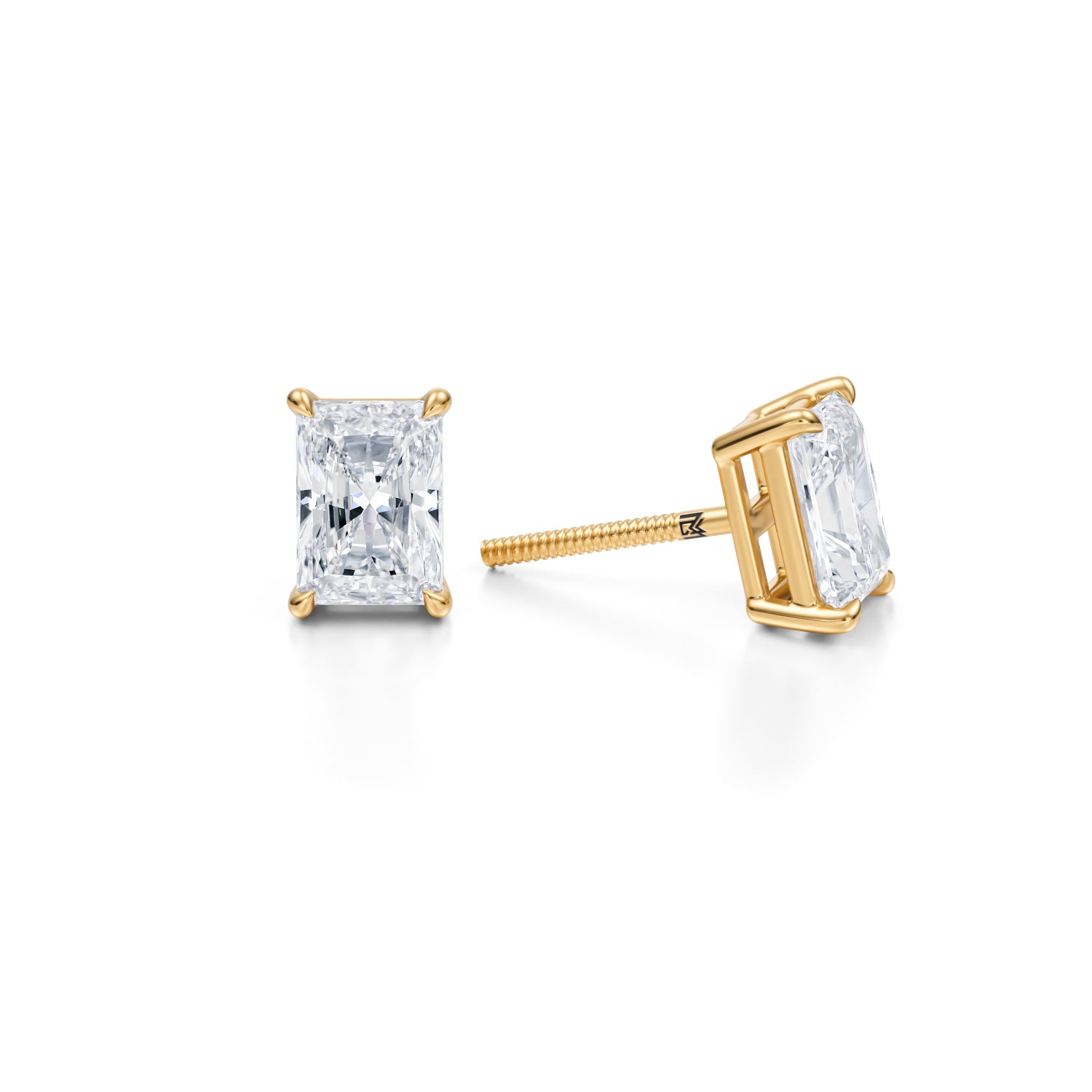 Radiant 2ct lab diamond stud earrings in yellow gold.