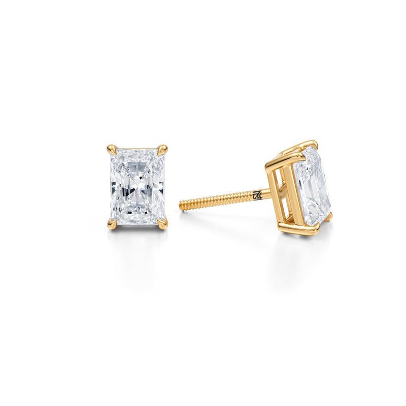 Radiant 2ct lab diamond stud earrings in yellow gold.