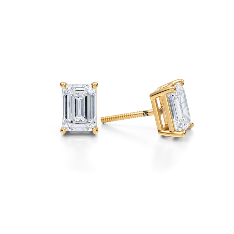 Yellow gold studs with 3ct emerald lab-grown diamonds.