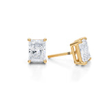 Radiant 3ct lab-grown diamond stud earrings in yellow gold.