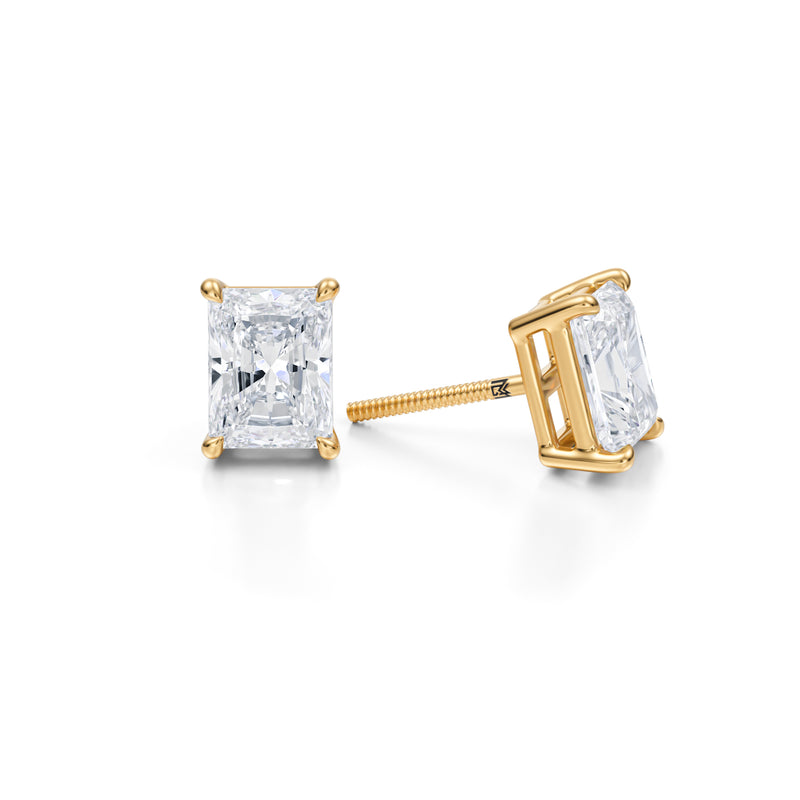 Radiant 3ct lab-grown diamond stud earrings in yellow gold.