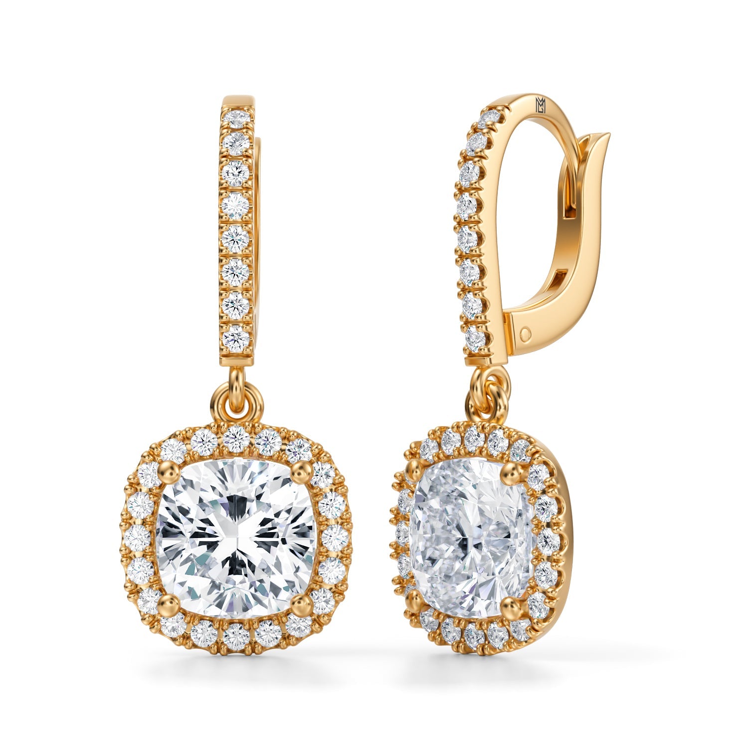 4 Carat Cushion Halo Drop Earrings