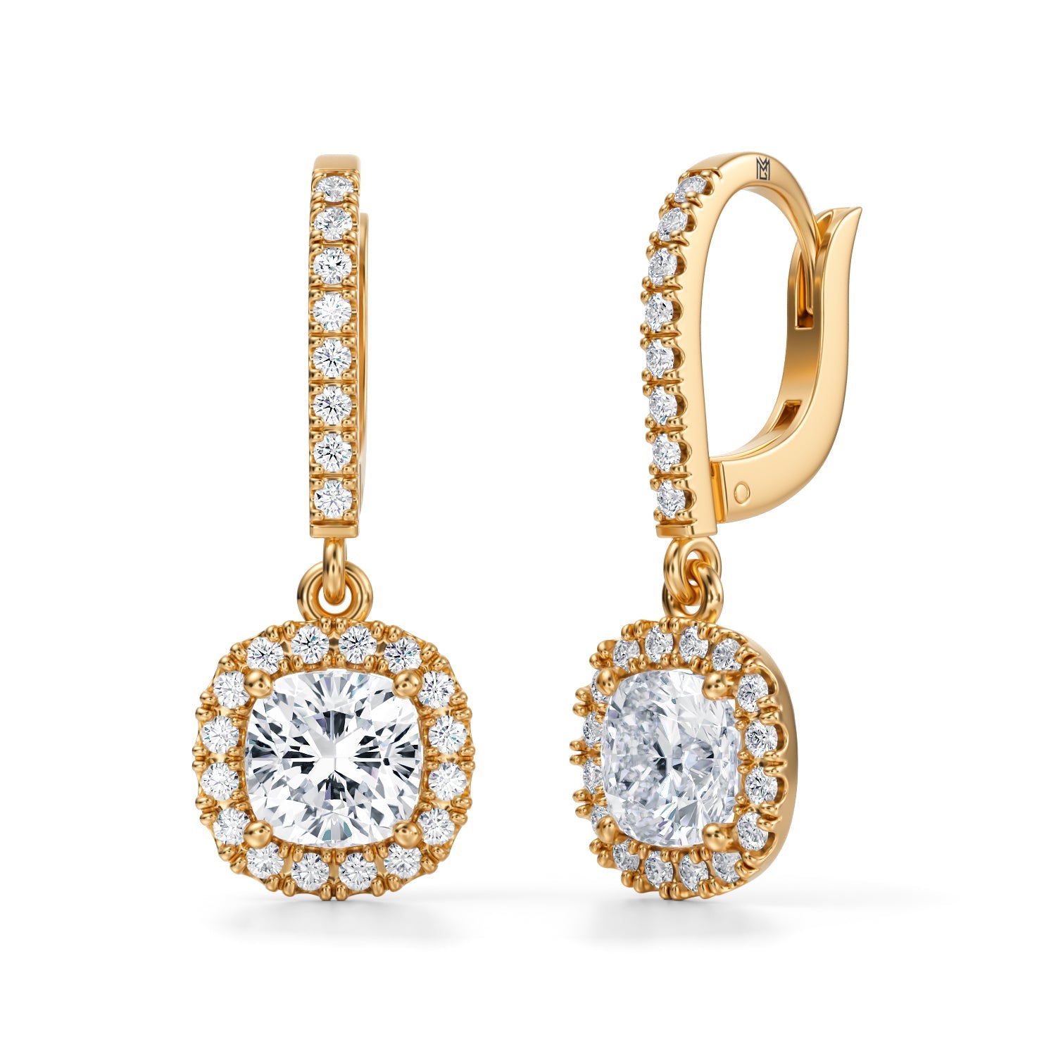 2 1/2 Carat  Cushion Halo Drop Earrings