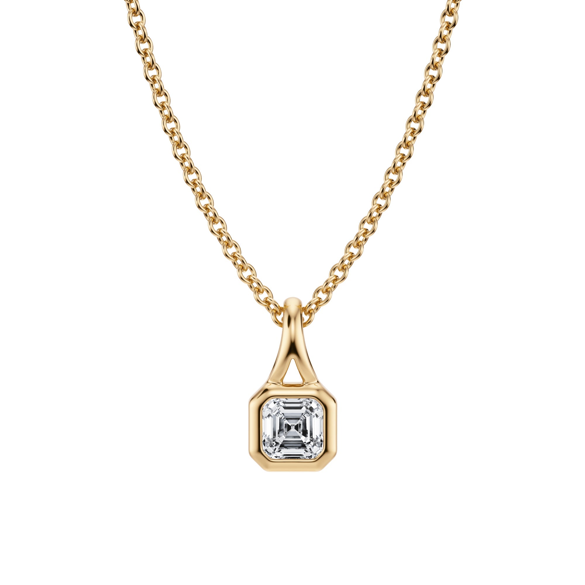 Stylish 1/4 Carat Asscher Lab Grown Diamond Split Bail Bezel Necklace in Yellow Gold