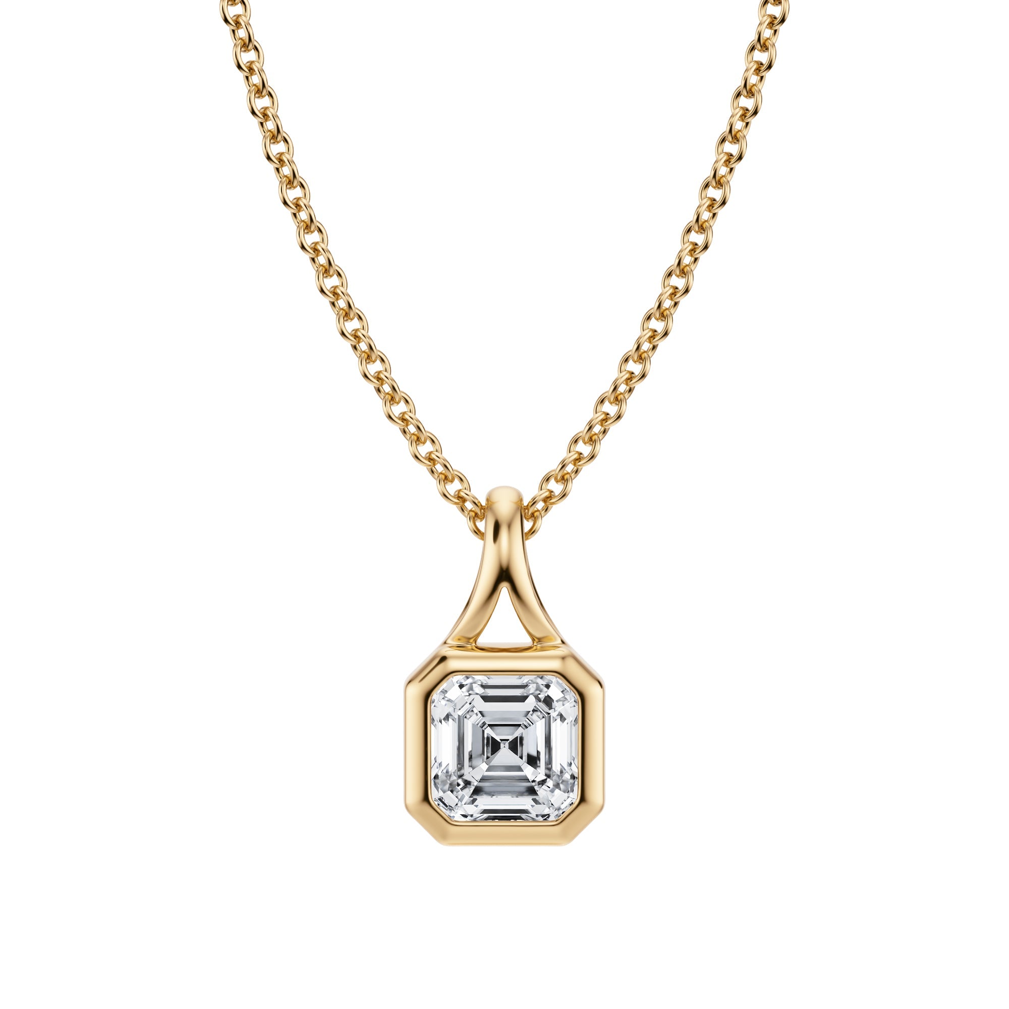 Sophisticated 1/2 Carat Asscher Lab Grown Diamond Split Bail Bezel Necklace in Yellow Gold