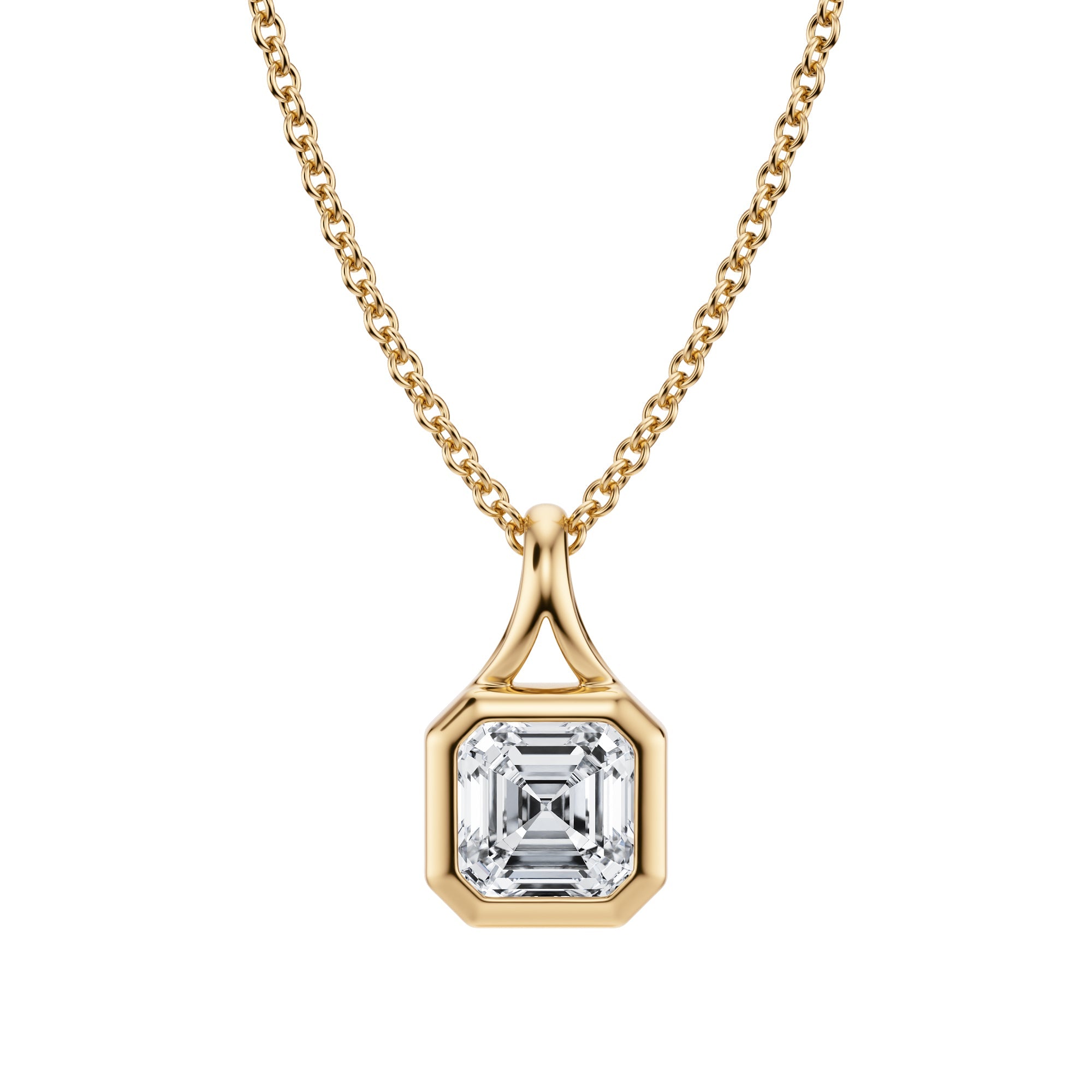 Gorgeous 3/4 Carat Asscher Lab Grown Diamond Split Bail Bezel Necklace in Yellow Gold