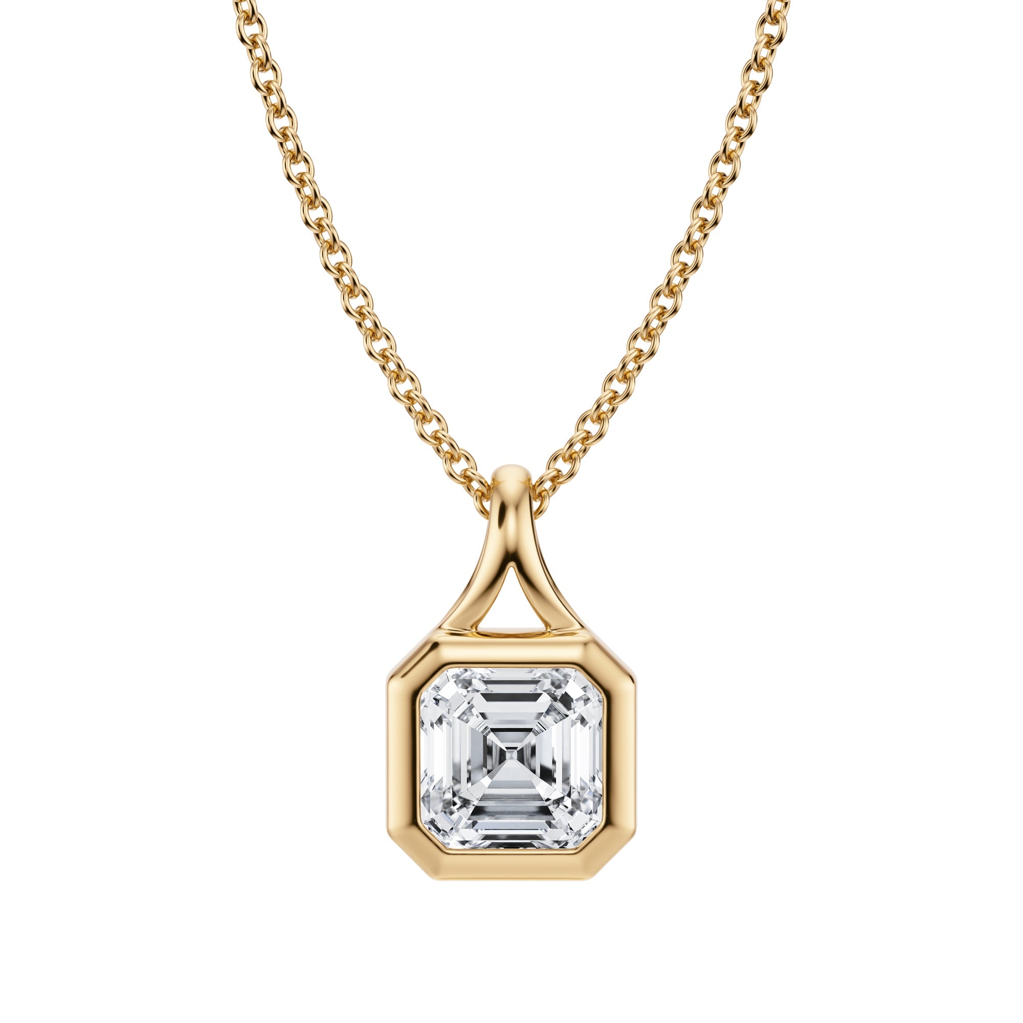 Polished 1 Carat Asscher Lab Grown Diamond Split Bail Bezel Necklace in Yellow Gold