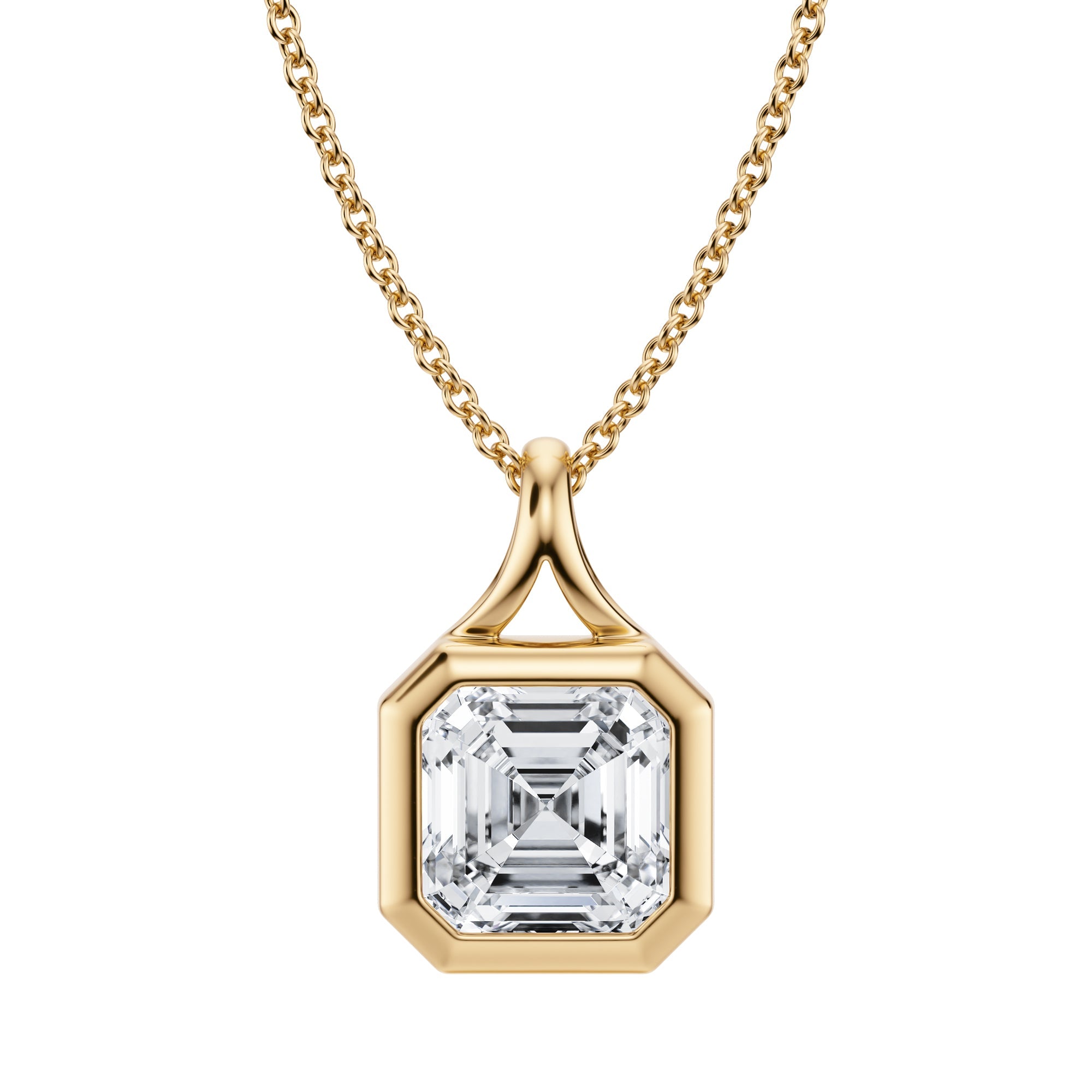 Delightful 2 Carat Asscher Lab Grown Diamond Split Bail Bezel Pendant in Yellow Gold